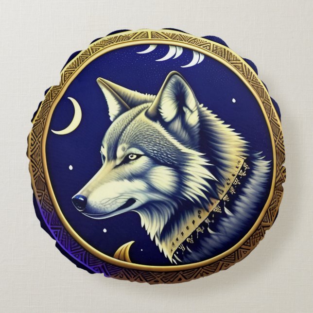 Majestic Wolf Under Starry Sky Round Pillow (Front)