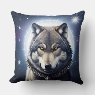 Majestic Wolf Under Starry Sky Throw Pillow