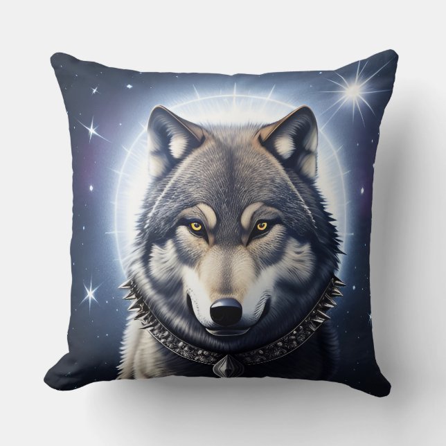 Majestic Wolf Under Starry Sky Throw Pillow (Front)