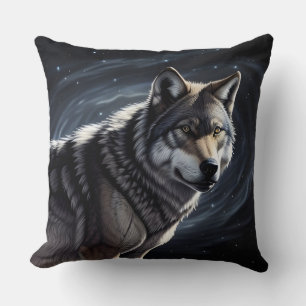Majestic Wolf Under Starry Sky Throw Pillow