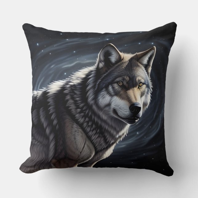 Majestic Wolf Under Starry Sky Throw Pillow (Front)