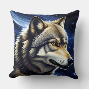 Majestic Wolf Under Starry Sky Throw Pillow