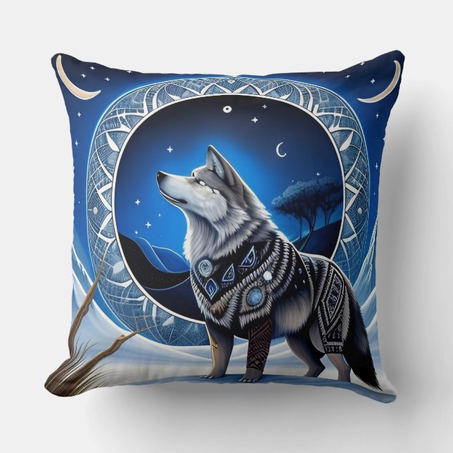 Majestic Wolf Under Starry Sky Throw Pillow (Front)
