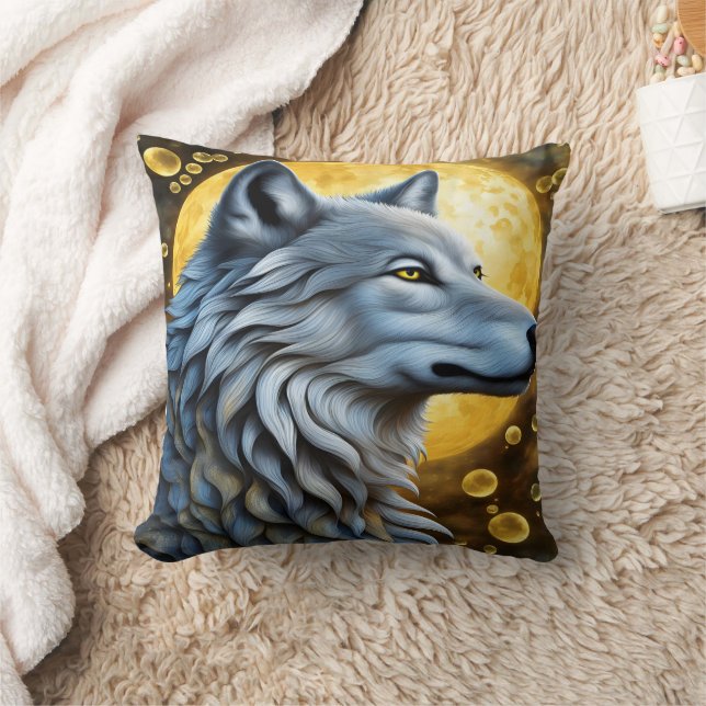 Majestic Wolf Underneath the Full Moon Glow Throw Pillow (Blanket)