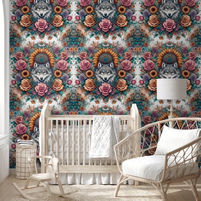 Majestic Wolf with Roses & Sunflowers Wallpaper (Kids)