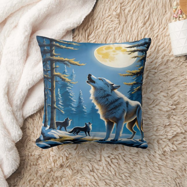 Majestic Wolves Howling Under a Full Moon Throw Pillow (Blanket)