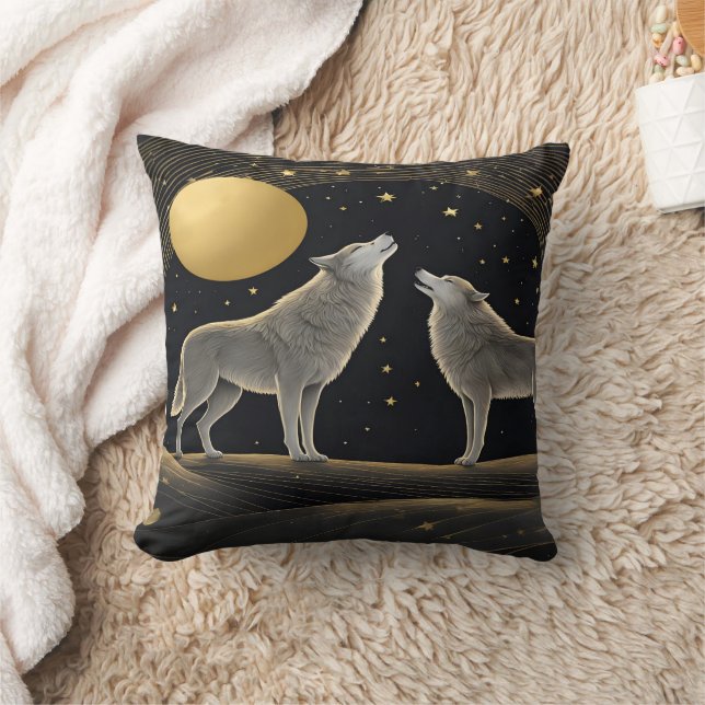Majestic Wolves Howling Under Midnight Moon Throw Pillow (Blanket)