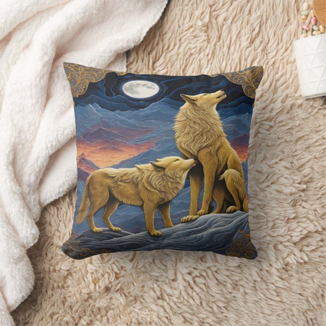 Majestic Wolves Howling Under Moonlit Sky Throw Pillow (Blanket)