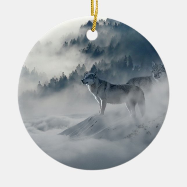 Majestic Wolves in the Forest Mist Ceramic Ornament (Front)