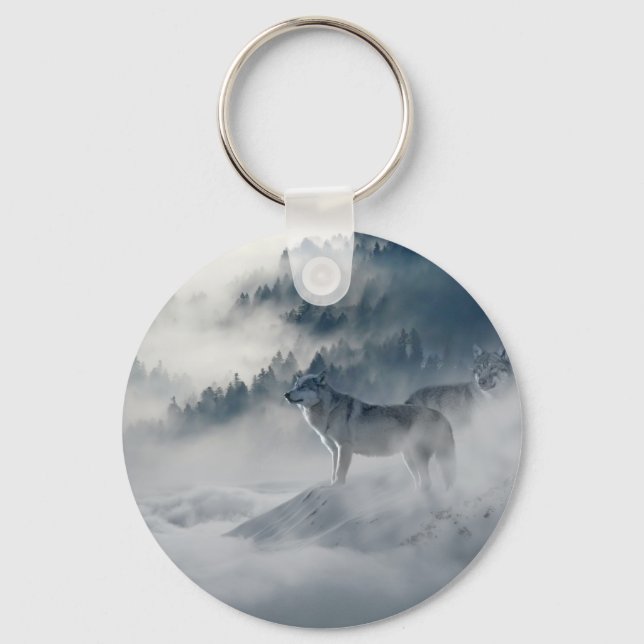 Majestic Wolves in the Forest Mist Keychain (Front)