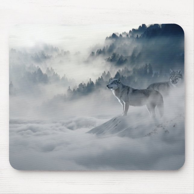 Majestic Wolves in the Forest Mist Mouse Pad (Front)