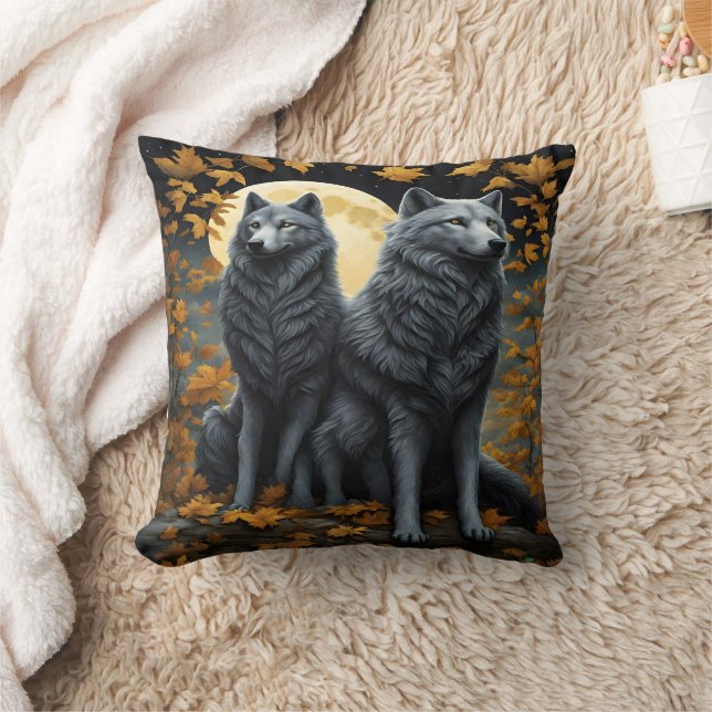 Majestic Wolves Under a Full Moon at Night Throw Pillow (Blanket)