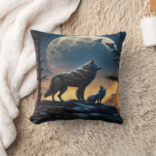 Majestic Wolves Under Full Moon. Throw Pillow