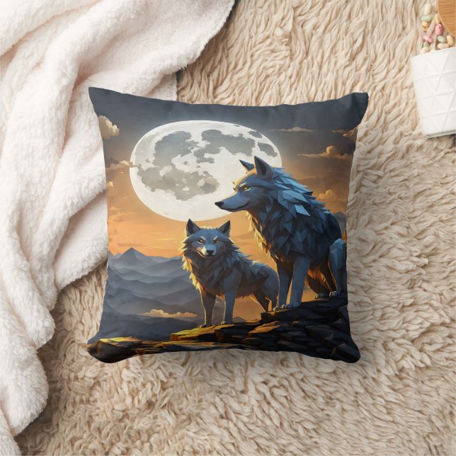 Majestic Wolves Under Full Moon.  Throw Pillow (Blanket)