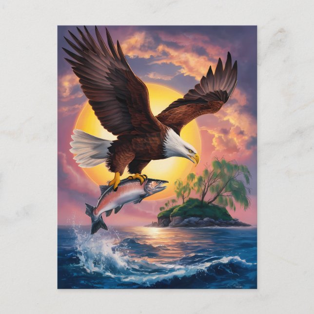 Majesty in Flight: Eagle Soaring Above Fish Postcard (Front)