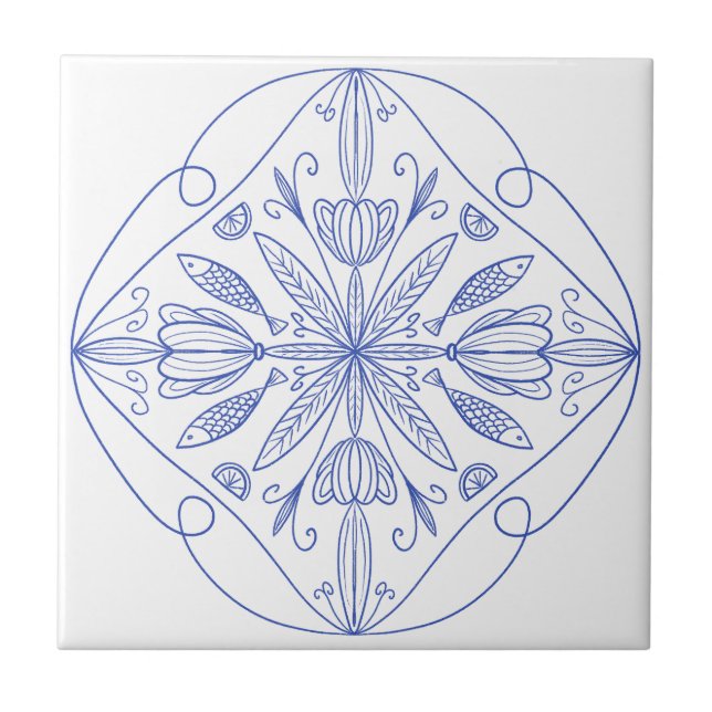 Majolica blue Amalfi Coast Sardine Fish & citrus Tile (Front)