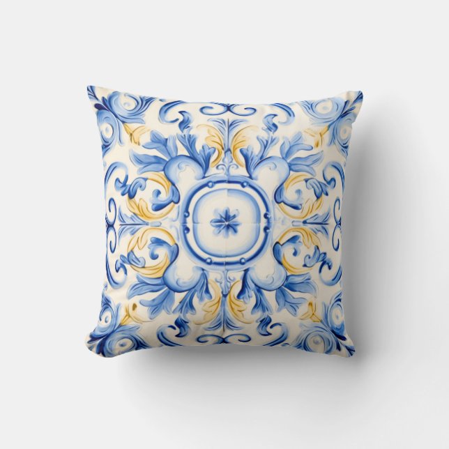Majolica: Blue and Gold Throw Pillow (Front)