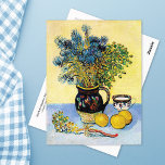 Majolica Jug Wildflowers Vincent Van Gogh Postcard<br><div class="desc">A fine art postcard with the post-impressionist painting,  Still Life Majolica Jug with Wildflowers (1888),  by Vincent van Gogh (1853-1890). A still life of a stoneware jug with blue wildflowers and lemons against a yellow backdrop.</div>