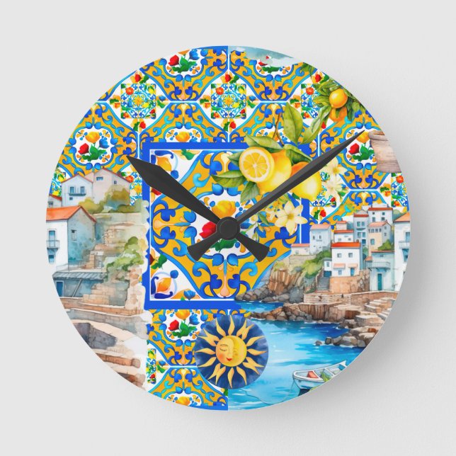 Majolica,lemon ,Sicilian tiles, Round Clock (Front)