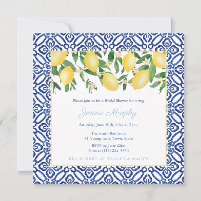 Majolica Lemons Blue & White Tiles Bridal Shower Invitation (Front)