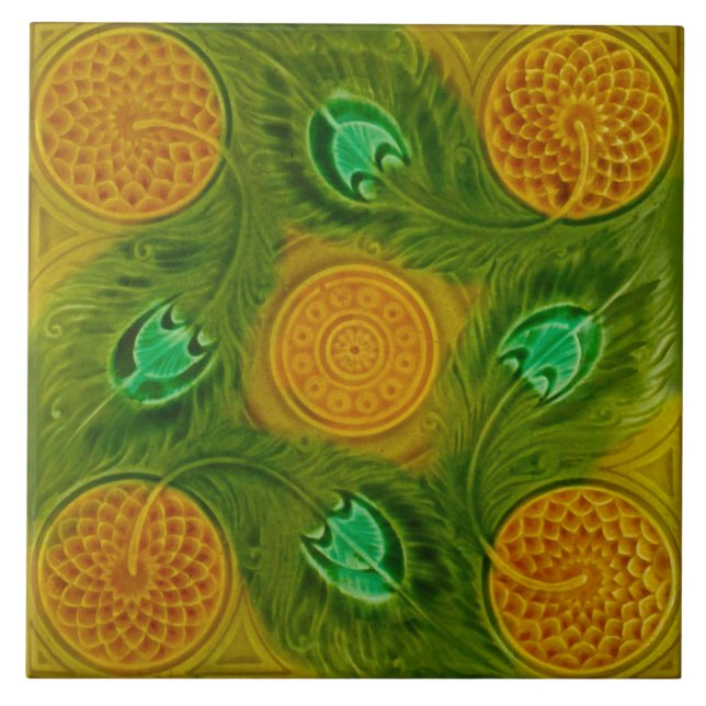 Majolica Nouveau Peacock Feathers Repro Antique Tile (Front)