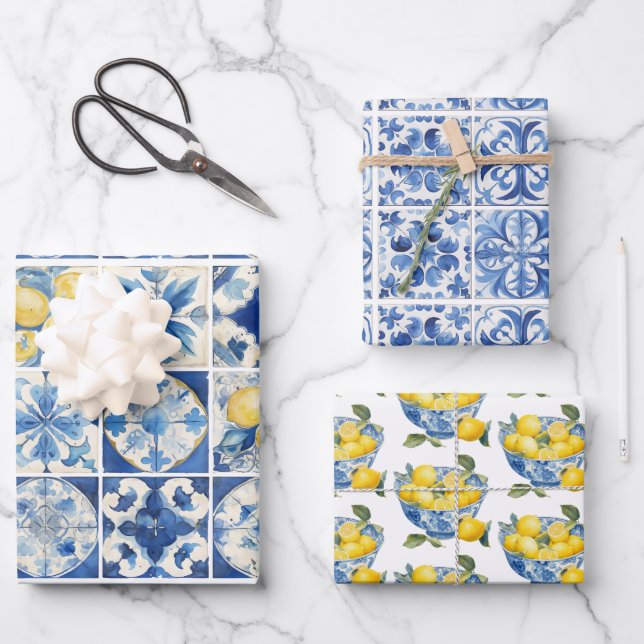 Majolica Tiles Blue Lemons Amalfi Italy 1 Wrapping Paper Sheet (Front)