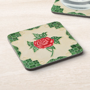Majolica Vintage Red Rose Floral Decorative Tile Coaster