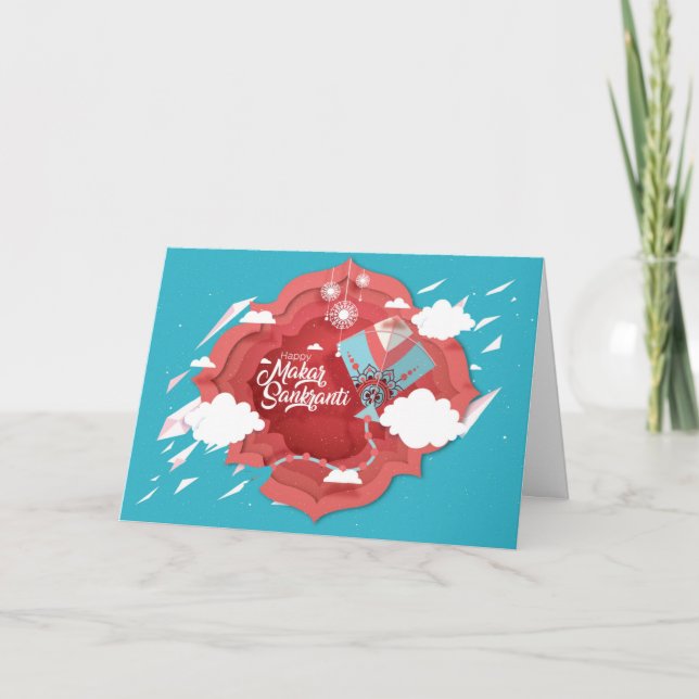 Makar Sankranti blue and red kite Card (Front)