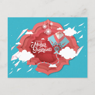 Makar Sankranti blue and red kite Invitation Postcard