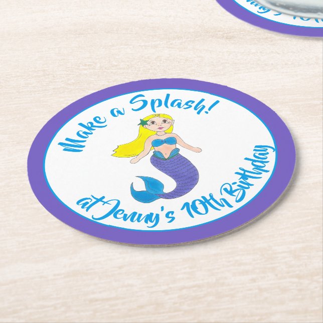 Make a Splash Swimming Mermaid Birthday Party Round Paper Coaster (Angled)
