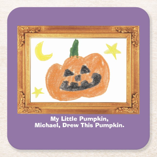 Make a Treasure By Your Kid's Art Work | Pumpkin  Square Paper Coaster (Front)
