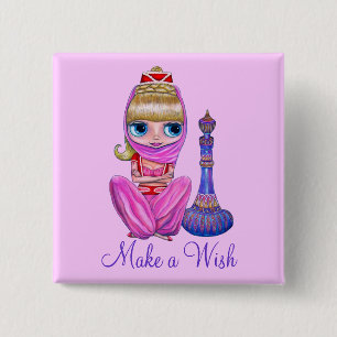 Make a Wish Cute Little Big Eye Genie Girl in Pink 2 Inch Square Button