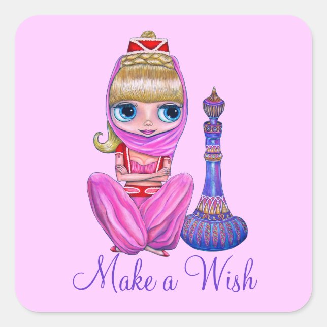 Make a Wish Little Pink Genie Girl Magic Bottle Square Sticker (Front)