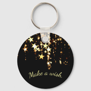 Make a Wish on Falling Gold Stars on Black Keychain