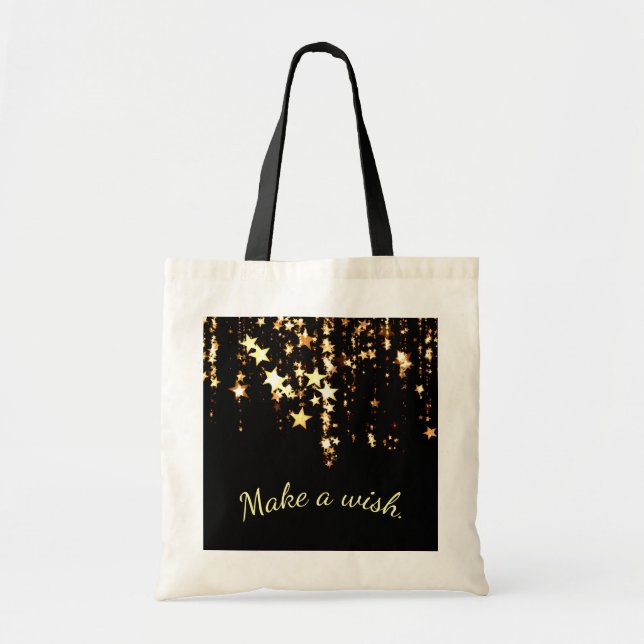 Make a Wish on Falling Gold Stars on Black Tote Bag (Front)