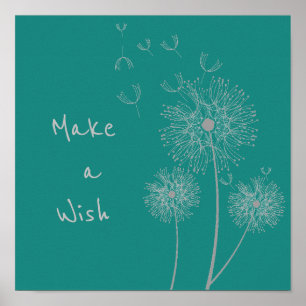 Make a wish quote Dandelion flower on teal art Poster