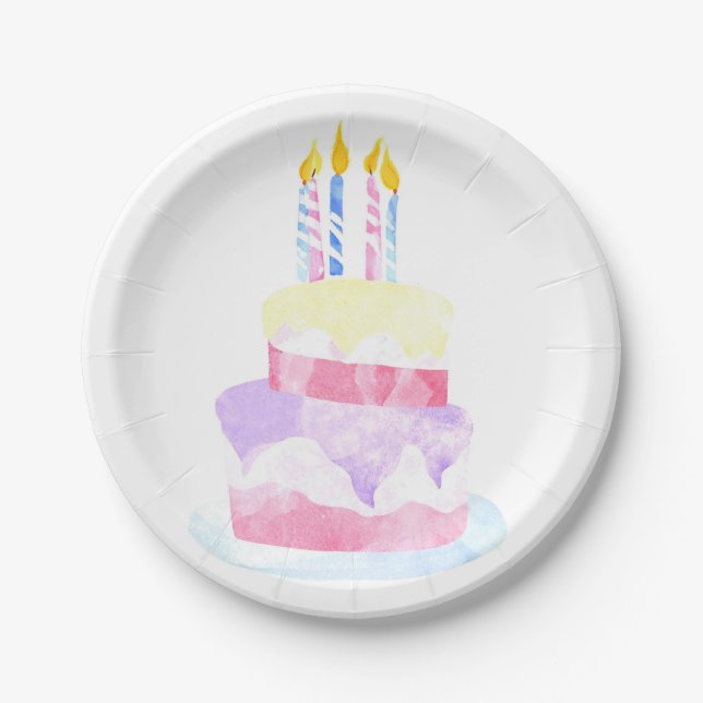 Make a Wish | Watercolor Happy Birthday Cake Paper Plate (Front)