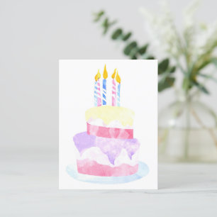 Make a Wish Watercolor Happy Birthday Cake Postcard