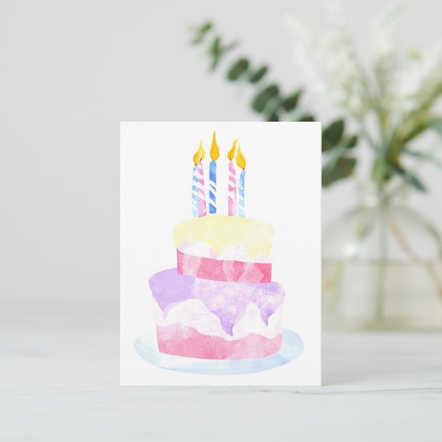 Make a Wish | Watercolor Happy Birthday Cake Postcard (Standing Front)
