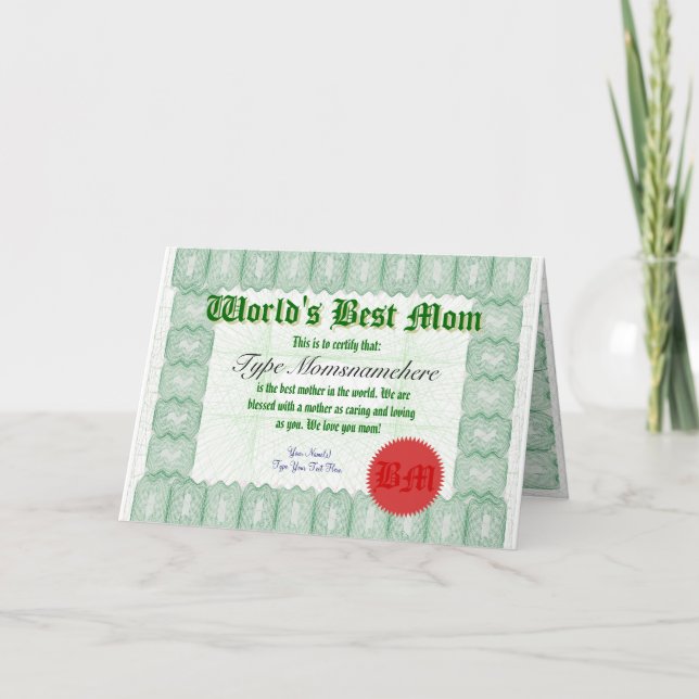 Make a World's Best Mom Certificate Award Card (Front)