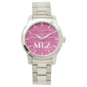 Make Custom Monogram Hot Pink Faux Crocodile Watch