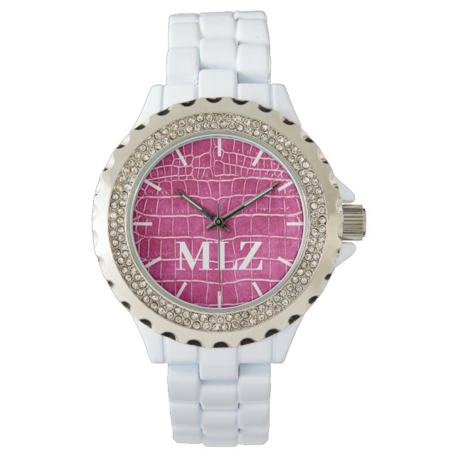 Make Custom Monogram Hot Pink Faux Crocodile Watch (Front)