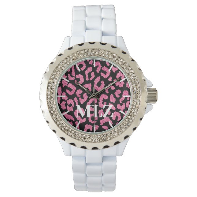 Make Custom Monogram Hot Pink Leopard Print Watch (Front)