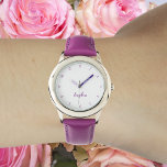 Make Cute Pretty Purple Girls Name Girly Chic Kids Watch<br><div class="desc">Custom, personalized, kids girls fun cool pretty chic girly stylish purple leather strap, stainless steel case, wrist watch. Simply type in the name, to customize. Go ahead create a wonderful, custom watch for the lil princess in your life - daughter, sister, niece, grandaughter, goddaughter, stepdaughter. Makes a great custom gift...</div>