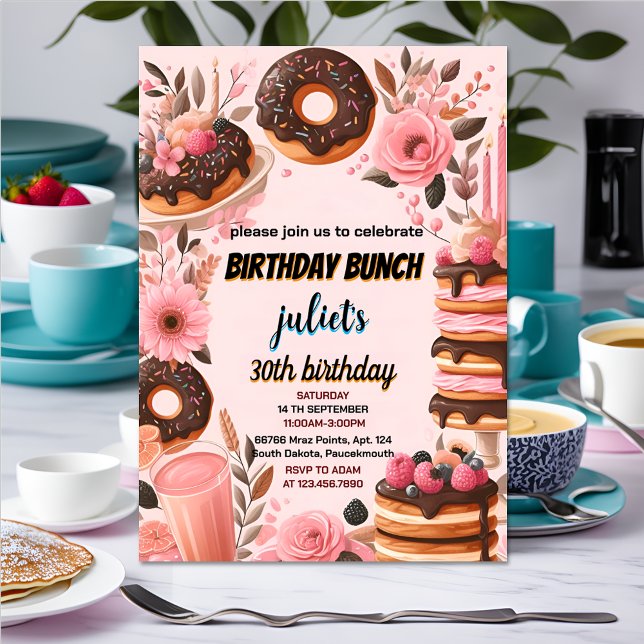 make Doughnut pancake adult pink Brunch 30th Birth Invitation (Creator Uploaded)