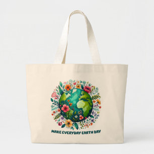Make Everyday Earth Day Floral Planet Large Tote Bag