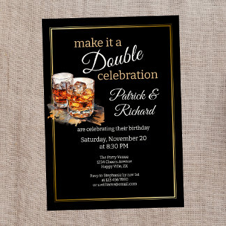 Make it a Double Celebration Black Whiskey Glass Invitation