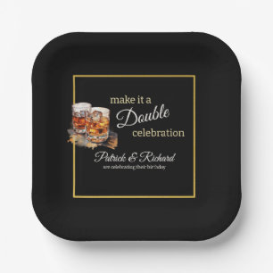 Make it a Double Celebration Black Whiskey Glass Paper Plate