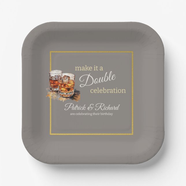 Make it a Double Celebration Grey Whiskey Glass Paper Plate (Front)