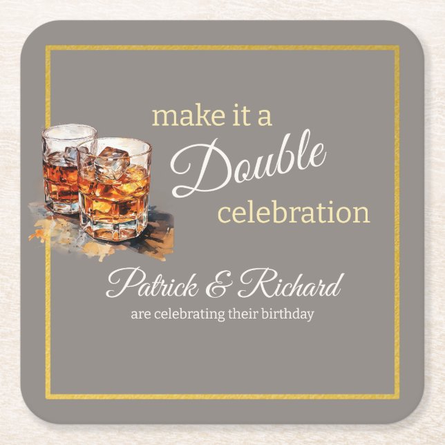 Make it a Double Celebration Grey Whiskey Glass Square Paper Coaster (Front)